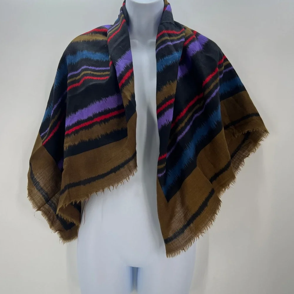 Evan Picone Vintage 100% Wool Stripe Square Scarf Brown Purple Made in Japan